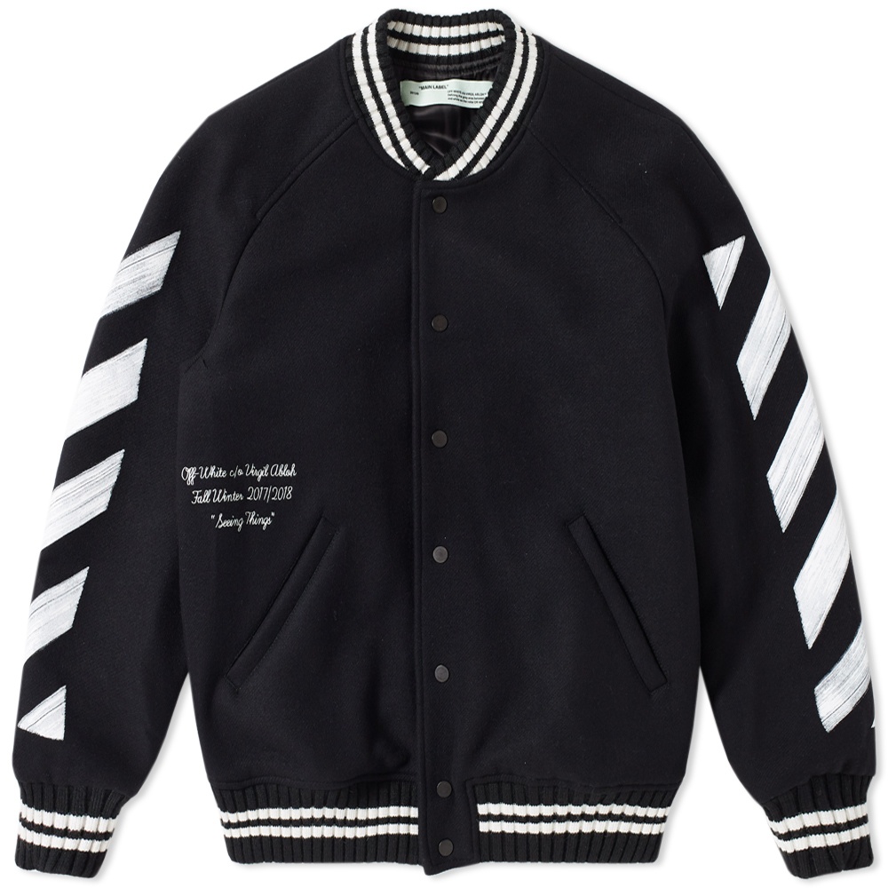 Jacket Makers Women's Virgil Abloh Off-White Black Varsity Jacket with Striped Sleeves