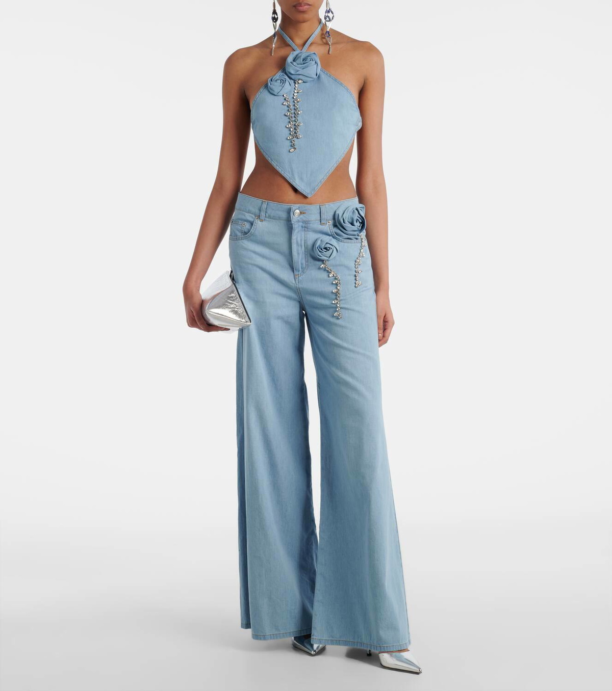 Area Embellished floral-appliqué wide-leg jeans