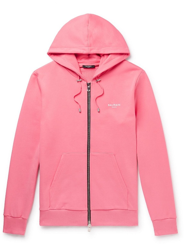 Photo: Balmain - Logo-Flocked Cotton-Jersey Zip-Up Hoodie - Pink