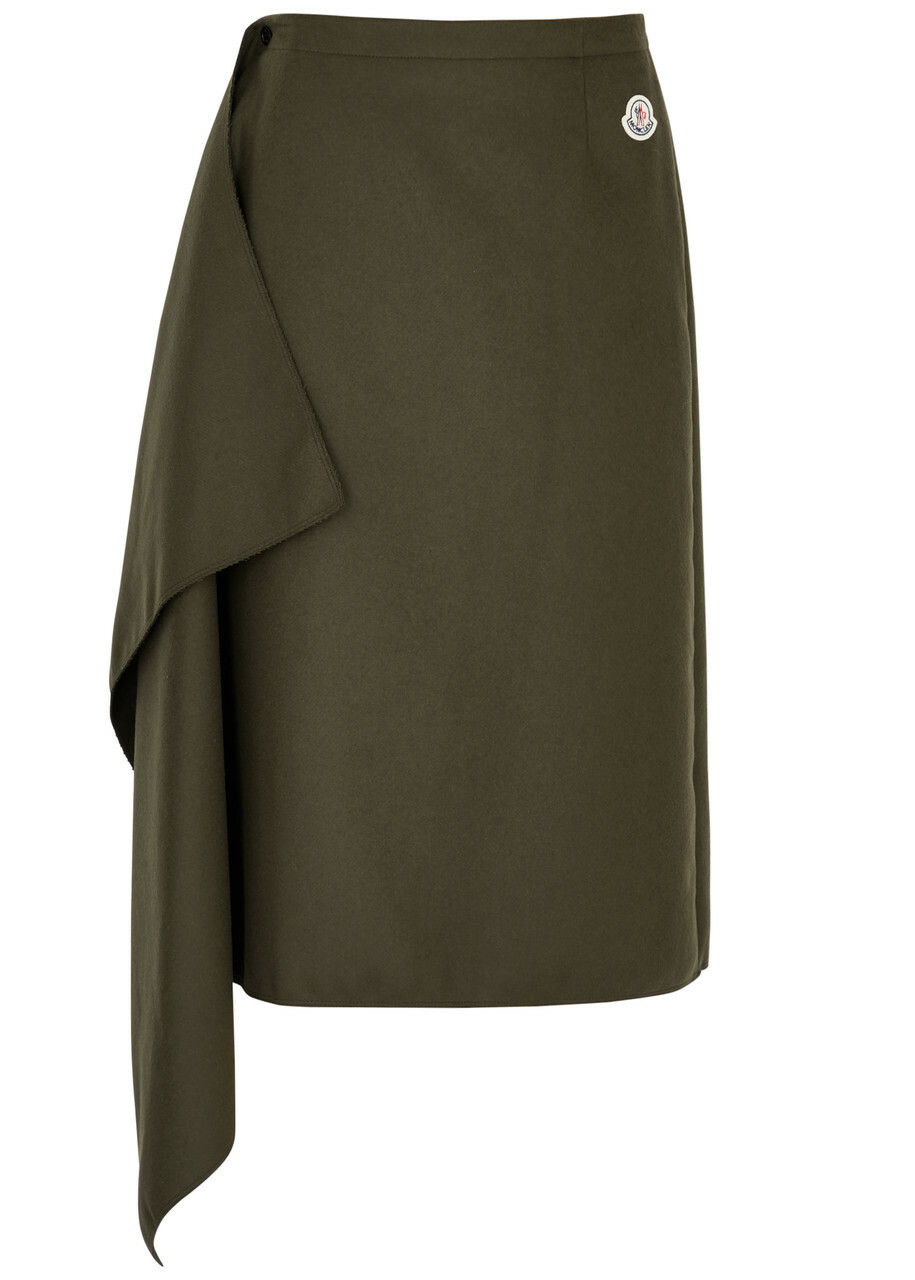 Moncler Draped Wool-blend Midi Wrap Skirt Dark Green Moncler