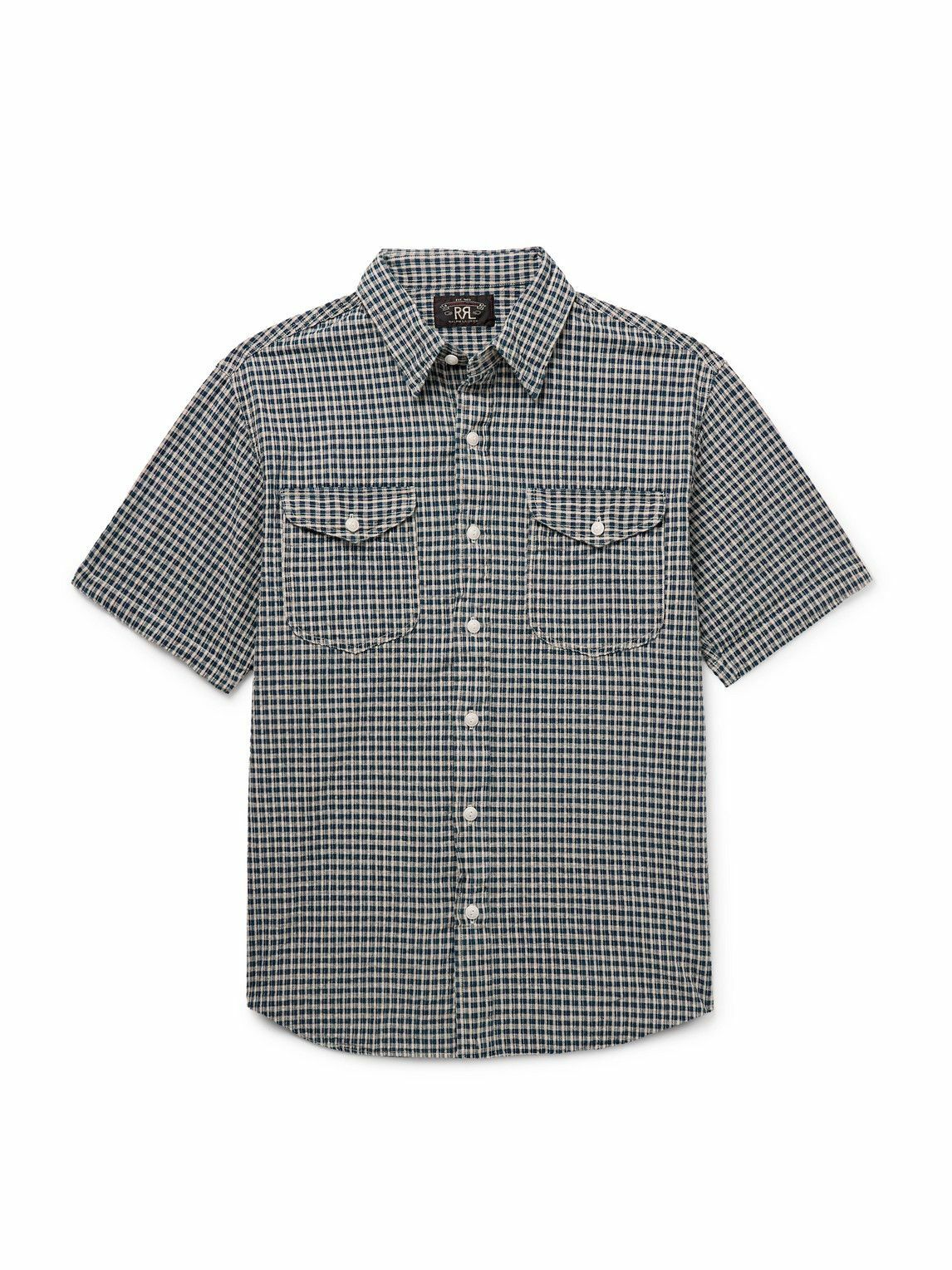 RRL Blue & Off-White Slim Fit Plaid Western Shirt RRL RRL Blue & Off-White Slim Fit Plaid Western Shirt RRL