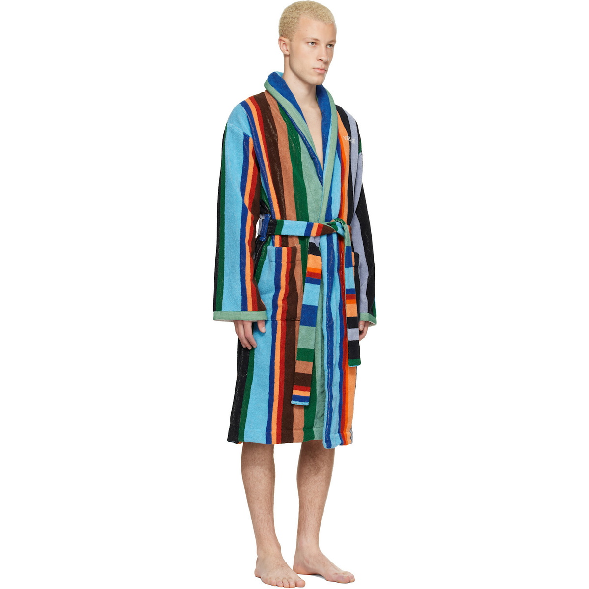 Versace Multicolor Striped Cotton-Terry Jacquard Bathrobe