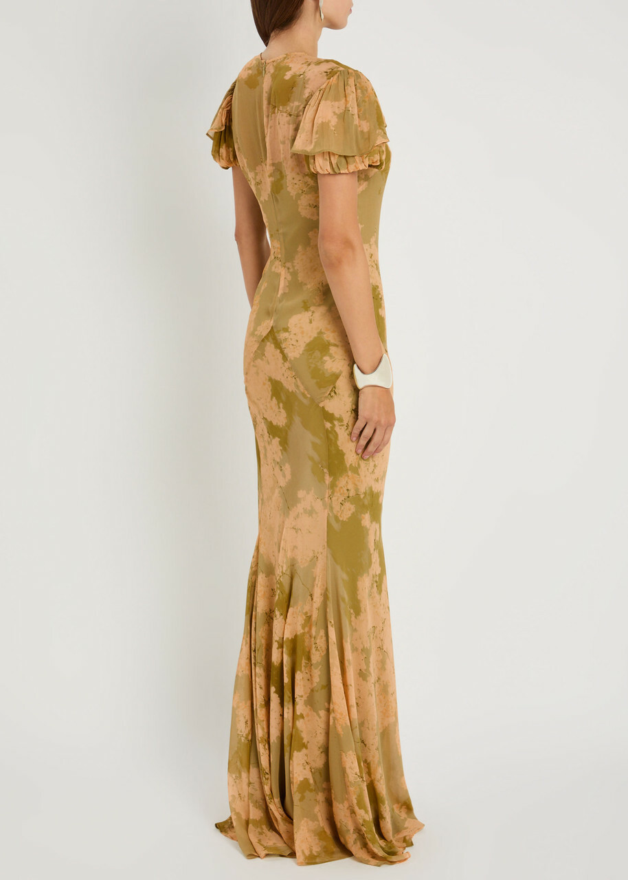 DE LA Vali Sumatra Floral Print Chiffon Maxi Dress Green