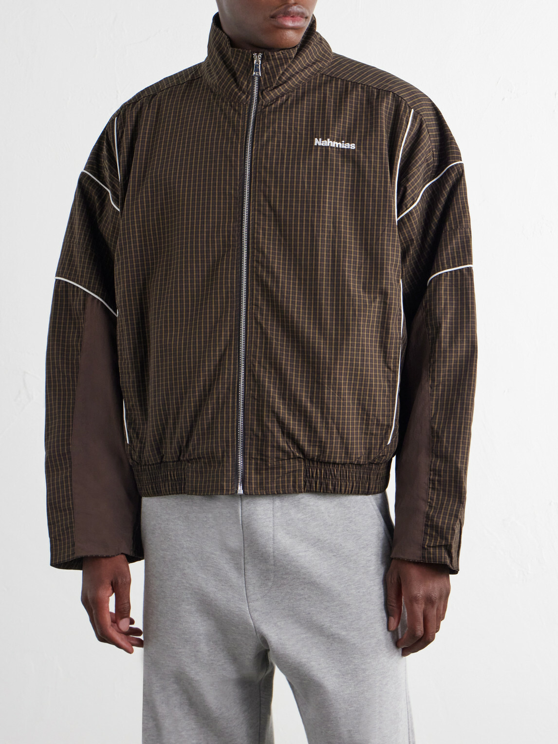 NAHMIAS - Grid Checked Logo-Embroidered Cotton Blouson Jacket - Brown