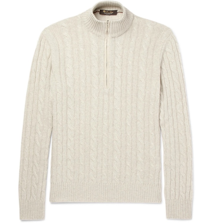 Photo: Loro Piana - Suede-Trimmed Cable-Knit Baby Cashmere Half-Zip Sweater - Gray