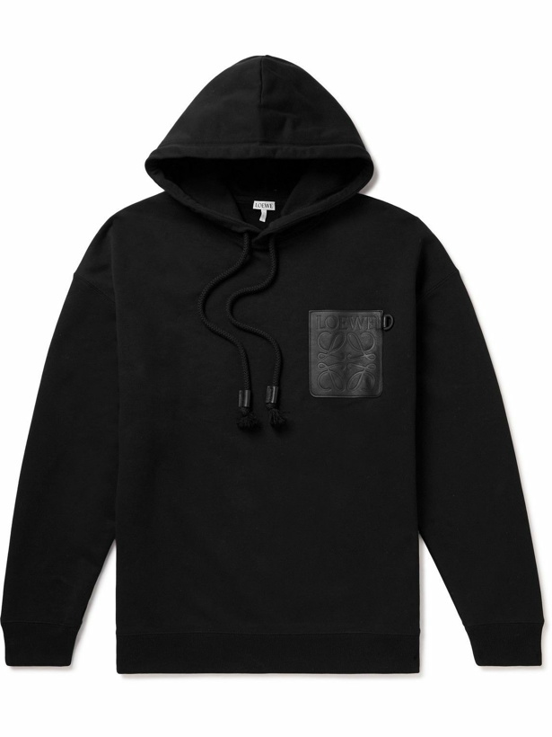 Photo: Loewe - Anagram Leather-Trimmed Cotton-Jersey Hoodie - Black
