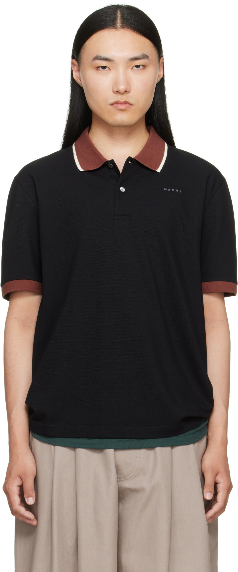 Marni Black Embroidered-Logo Polo