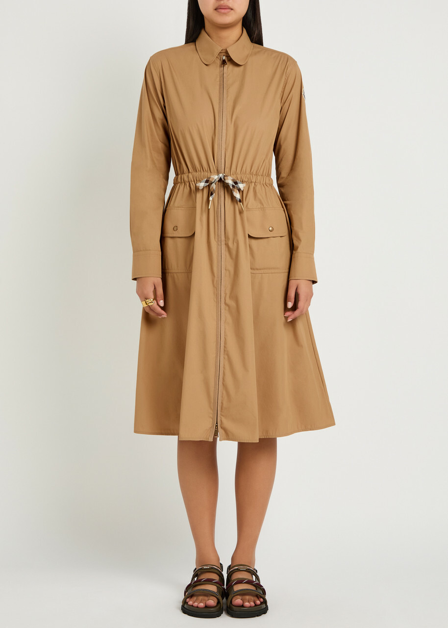 Moncler Drawstring Poplin Midi Shirt Dress Beige