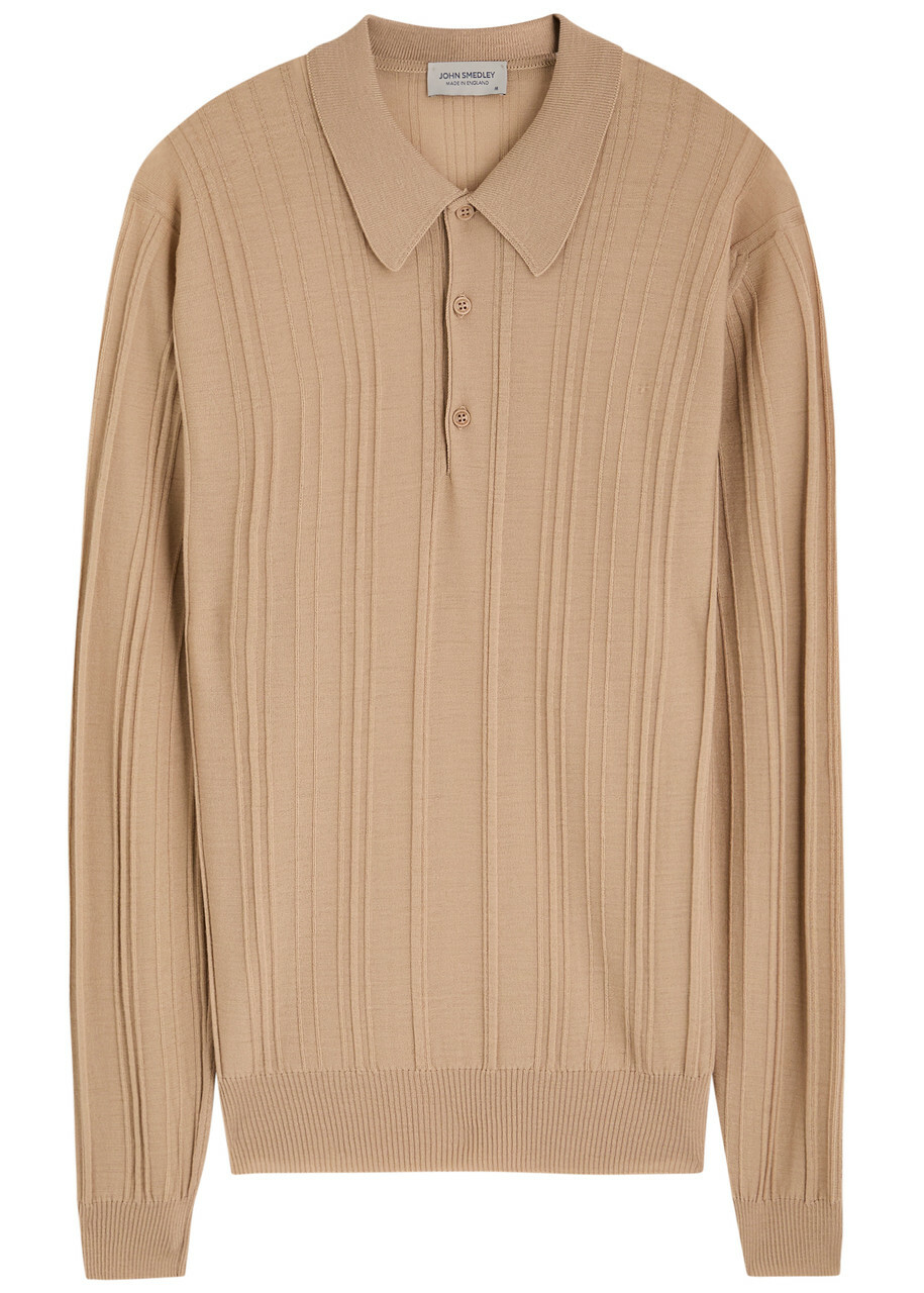 JOHN SMEDLEY FLINN ランダムリブ ニット ポロシャツ John Smedley Flinn Ribbed Wool Polo Shirt Beige John Smedley