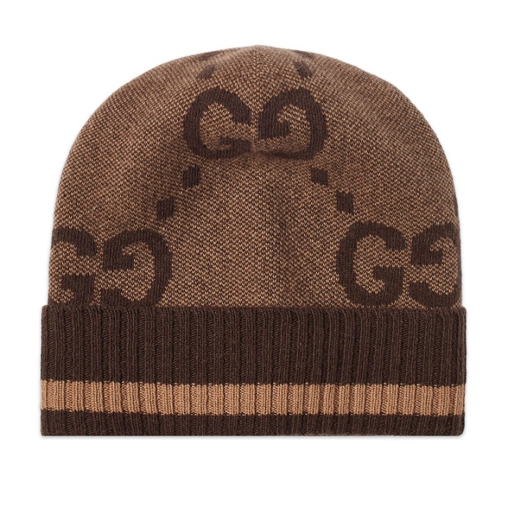 Photo: Gucci Men's GG Cashmere Beanie Hat in Beige/Dark Brown