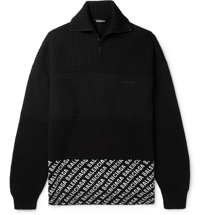 Photo: BALENCIAGA - Oversized Fleece-Panelled Logo-Intarsia Ribbed Wool-Blend Sweater - Black