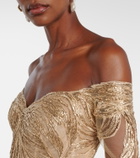 Monique Lhuillier Embroidered off-shoulder tulle gown