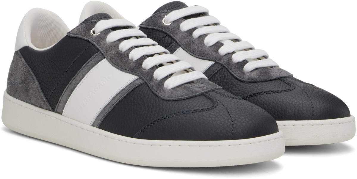 Ferragamo Gray & White Low Top Signature Sneakers