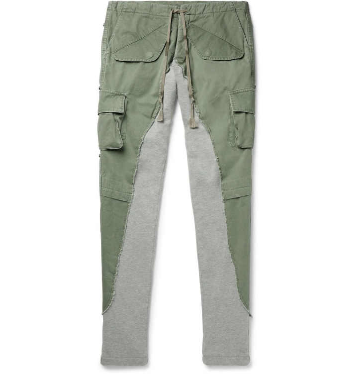 Photo: Greg Lauren - Tapered Cotton Twill-Panelled Mélange Loopback Jersey Sweatpants - Green