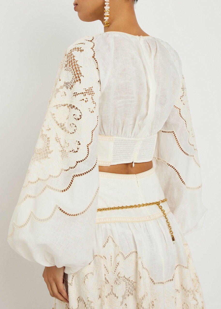 Zimmermann Daylight Guipure-lace Cropped Linen top Cream