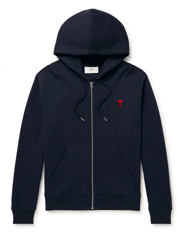 Photo: AMI PARIS - Logo-Embroidered Organic Cotton-Jersey Zip-Up Hoodie - Blue