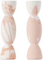 Tina Vaia Beige & White Double Totem Candle Holder Set