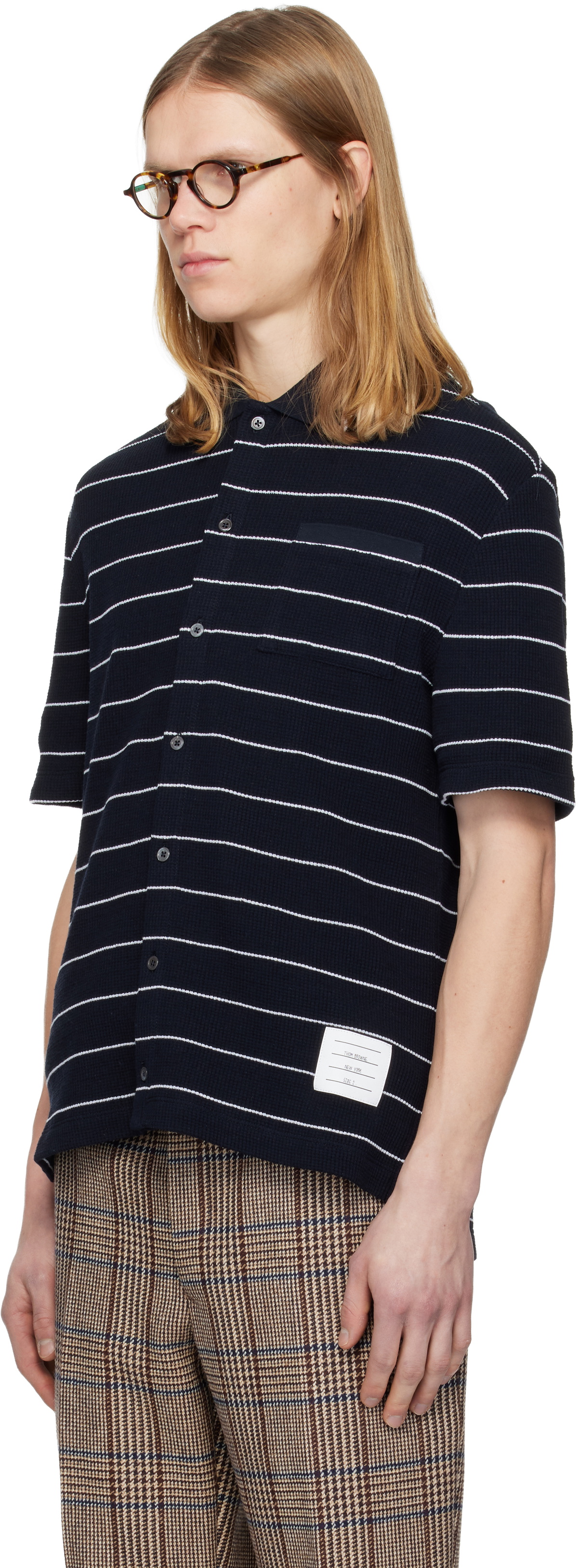 Thom Browne Navy Textured Stripe Short Sleeve Shirt