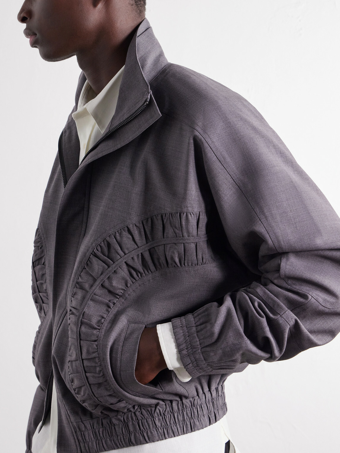 SAGE NATION - Fossil Ruched Panelled Twill Blouson Jacket - Gray