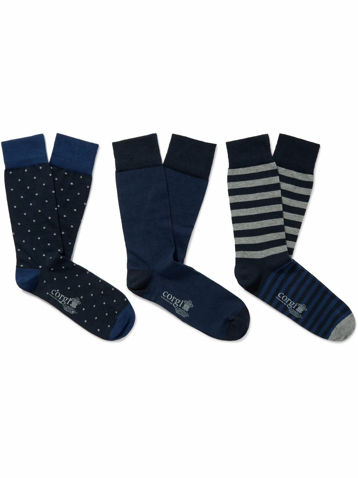 Kingsman - Three-Pack Patterned Cotton-Blend Socks - Blue