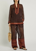 Tory Burch Stripe-trimmed Semi-sheer Linen Trousers Brown