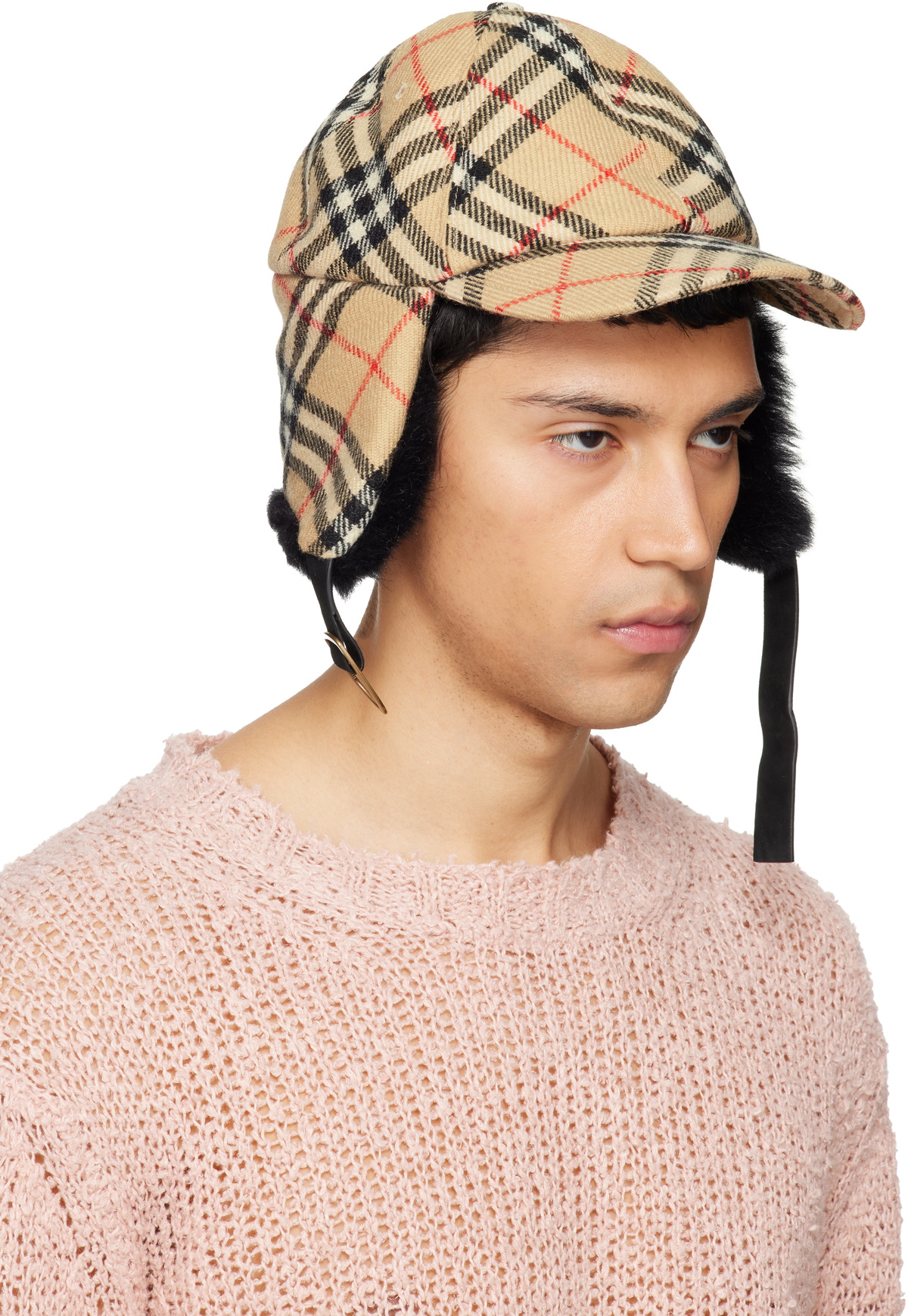 Burberry Beige Check Wool Trapper Cap