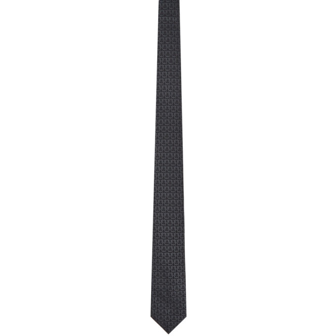 Photo: Salvatore Ferragamo Black and Grey Silk Logo Neck Tie