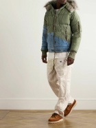 Greg Lauren - Faux Fur-Trimmed Quilted Cotton-Blend Twill and Denim Hooded Jacket - Green
