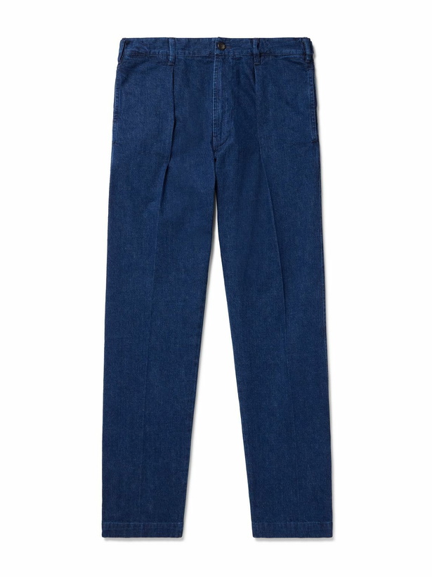 Photo: Drake's - Mk. I Games Straight-Leg Pleated Indigo-Dyed Cotton and Linen-Blend Trousers - Blue