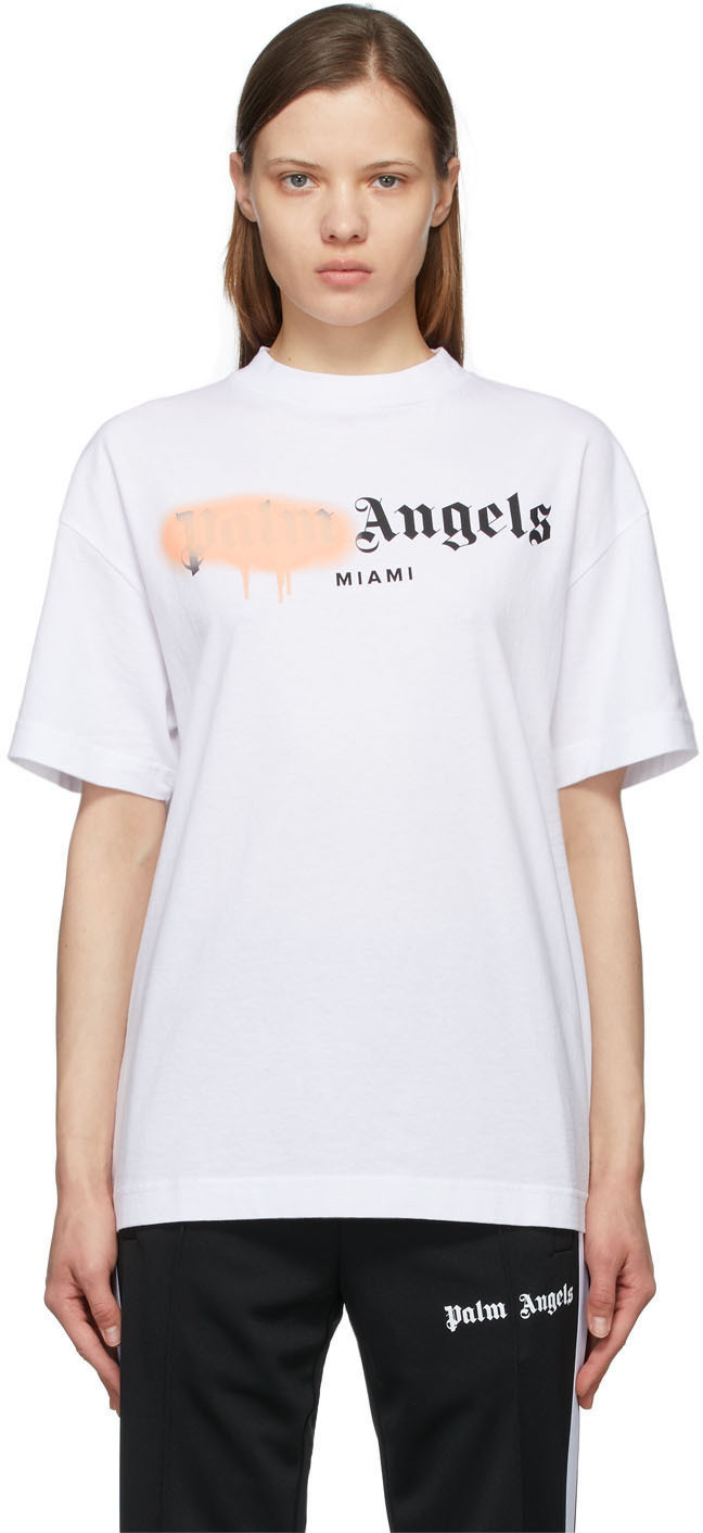 At lyve Slikke tuberkulose Palm Angels White & Pink Sprayed Logo 'Miami' T-Shirt Palm Angels
