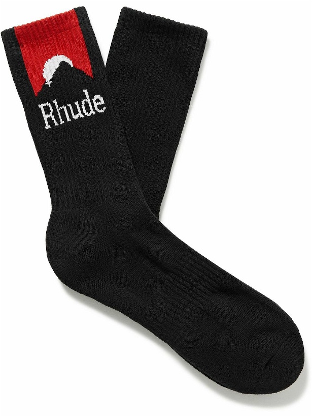 Photo: Rhude - Moonlight Sport Logo-Jacquard Ribbed Cotton-Blend Socks