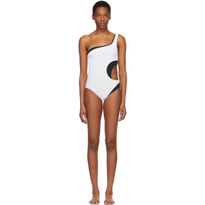 Proenza Schouler White and Black Layered One Shoulder Swimsuit