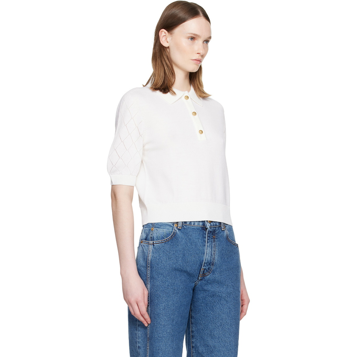 BALMAIN White 3-Button Quilted Polo