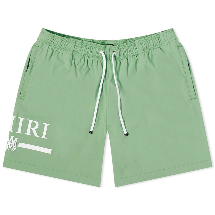 Photo: AMIRI Men's Bar Logo Swim Shorts in Mineral Green