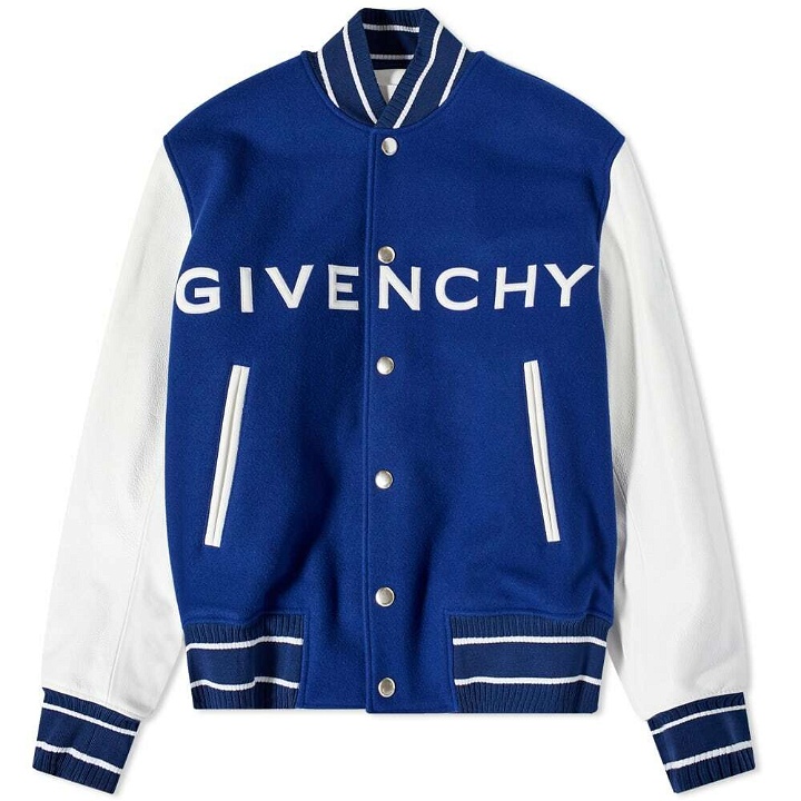 Photo: Givenchy Men's Logo Leather Varsity Jacket in White/Blue