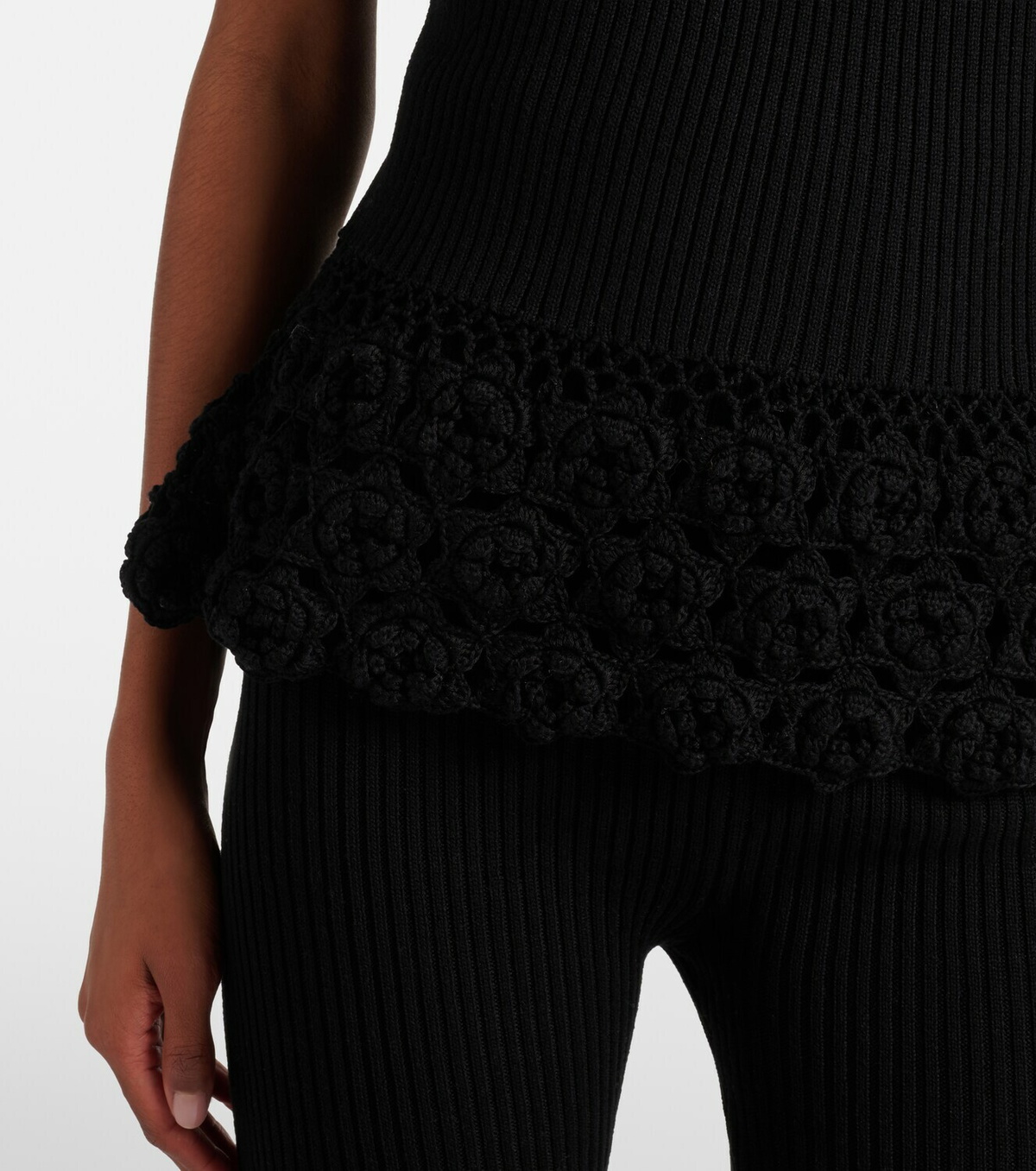 Ganni Crochet-trimmed ribbed cotton-blend top