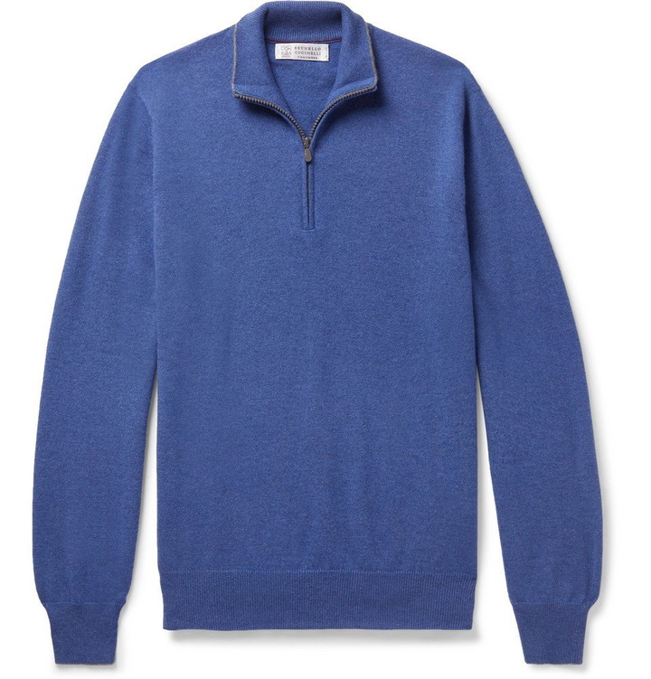 Photo: Brunello Cucinelli - Contrast-Tipped Cashmere Half-Zip Sweater - Men - Blue