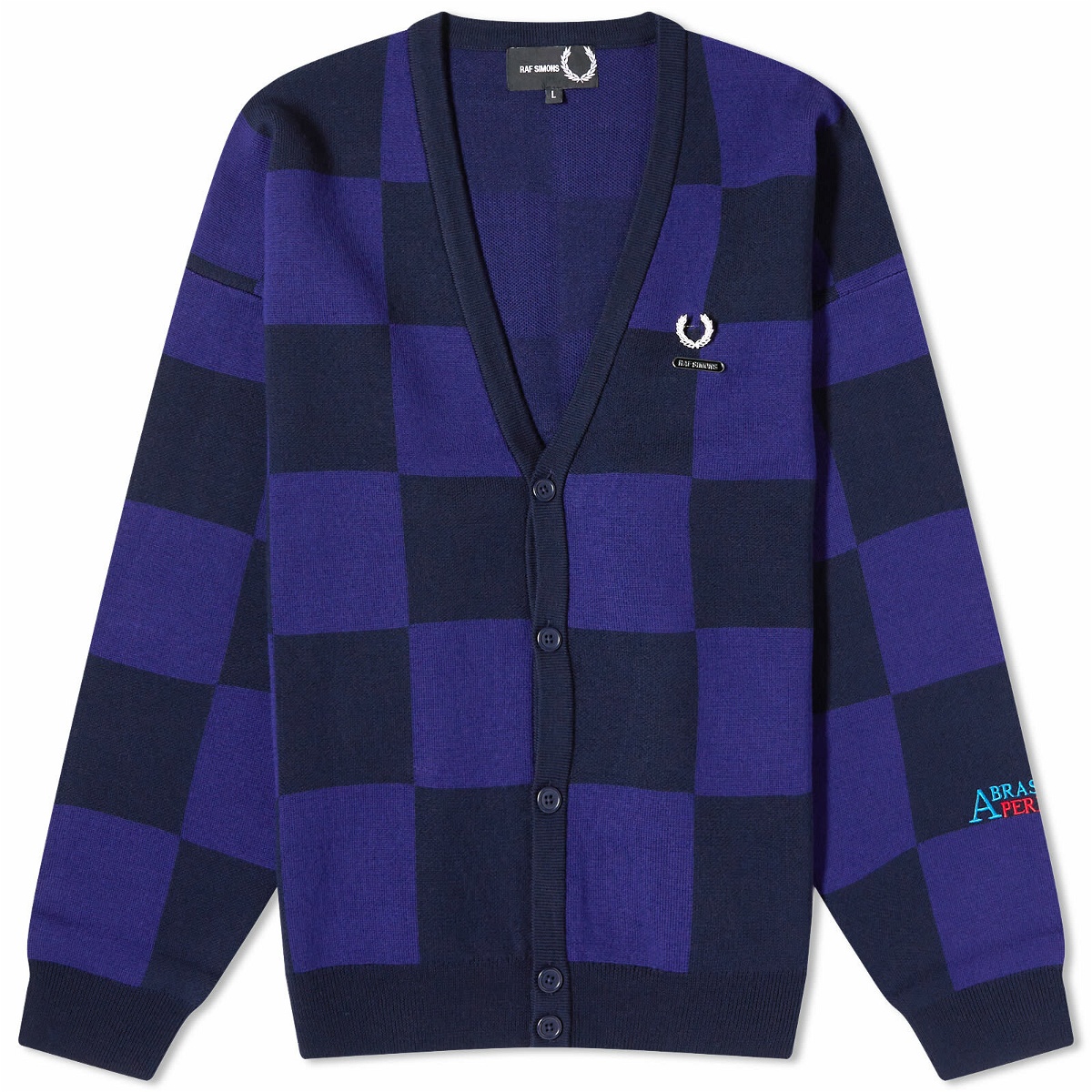 Fred Perry Men's x Raf Simons Checkerboard Cardigan in Navy Fred Perry