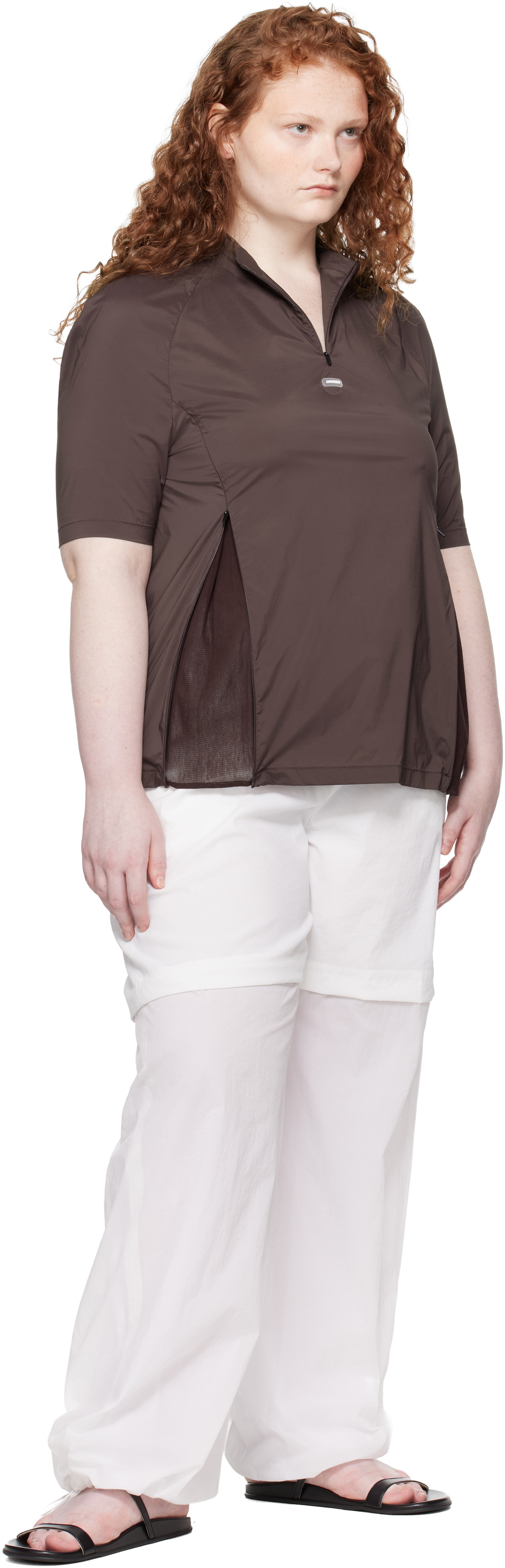 AMOMENTO Brown Mock Neck Half Zip T-shirt