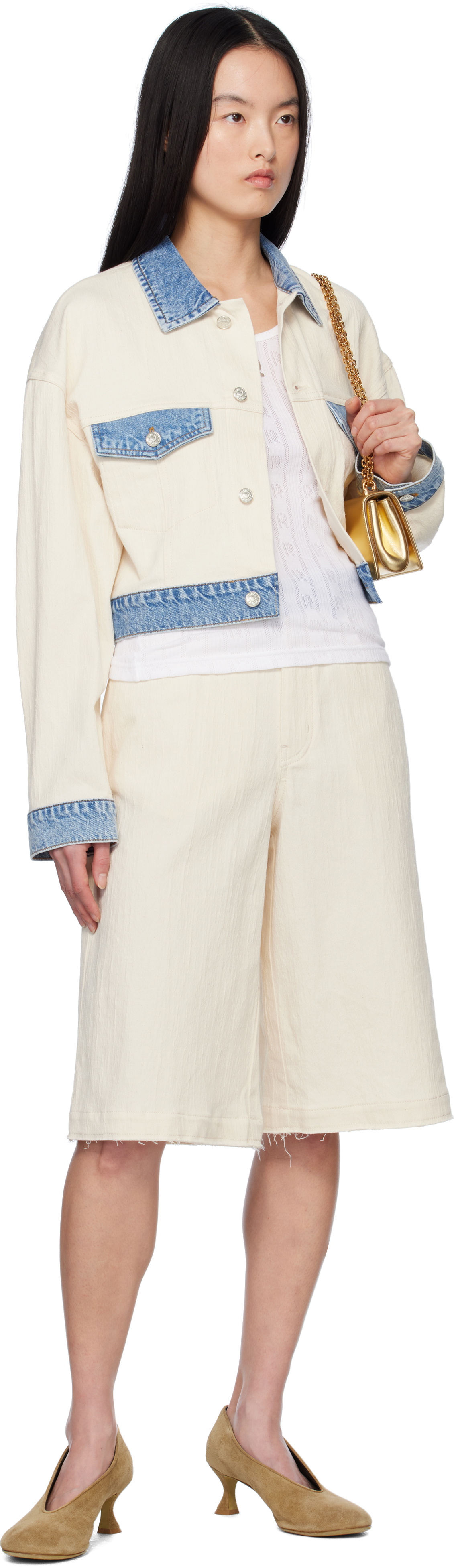 Moschino Jeans Beige & Blue Textured Cotton Hemp Jacket