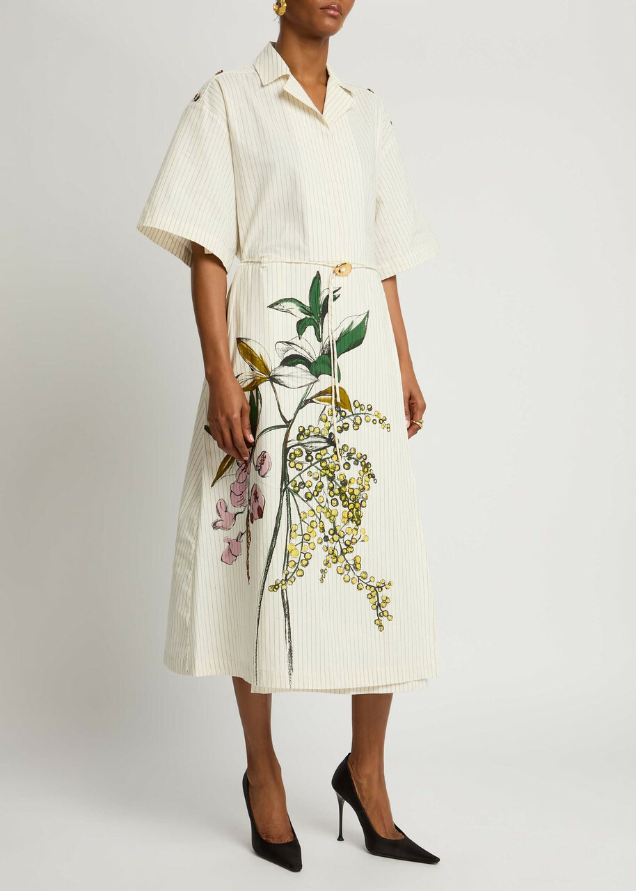 Stine Goya Striped Printed Cotton Midi Shirt Dress Cream
