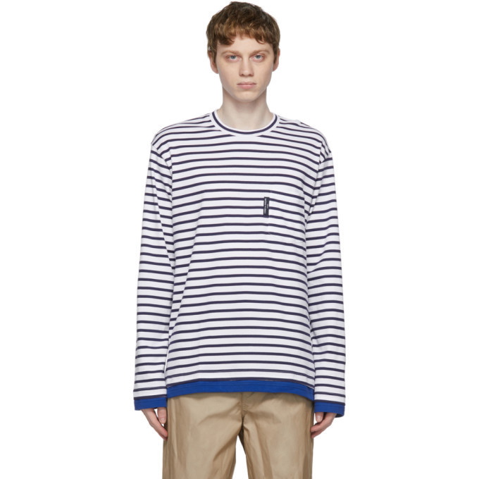 Photo: Comme des Garcons Homme White and Navy Striped Pocket Long Sleeve T-Shirt