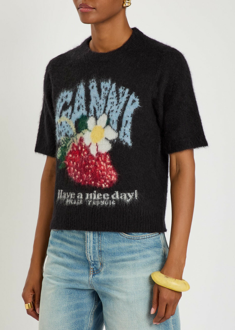Ganni Intarsia Brushed Alpaca-blend T-shirt Black