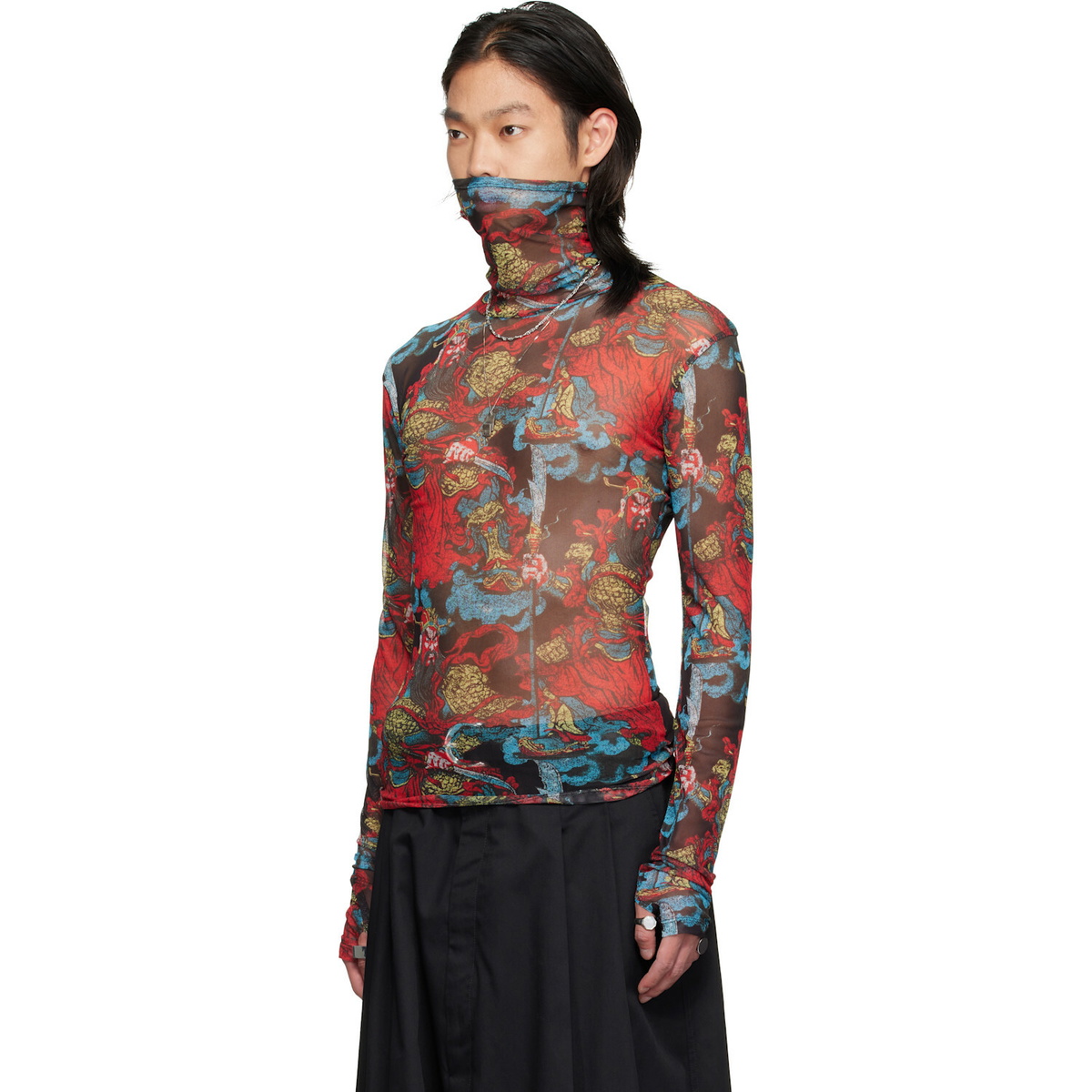 LU'U DAN Red Masked Mesh Turtleneck