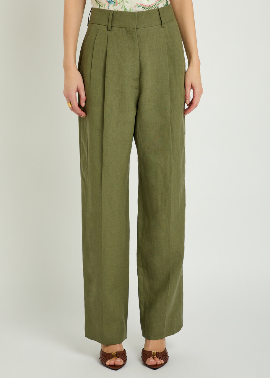 Blaze Milano Fox Pleated Straight-leg Linen Trousers Dark Green