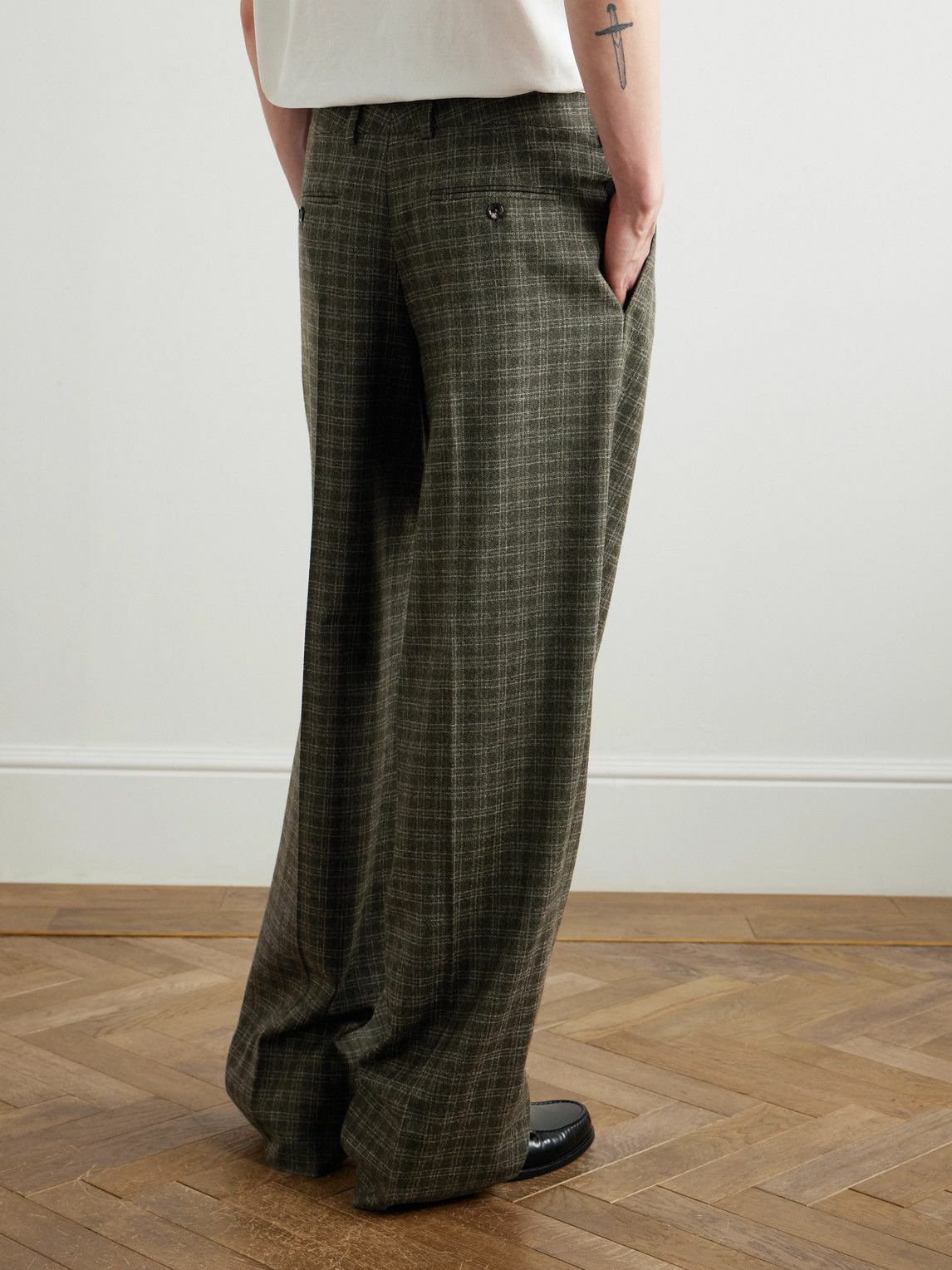 CELINE - Wide-Leg Pleated Checked Wool Trousers - Green