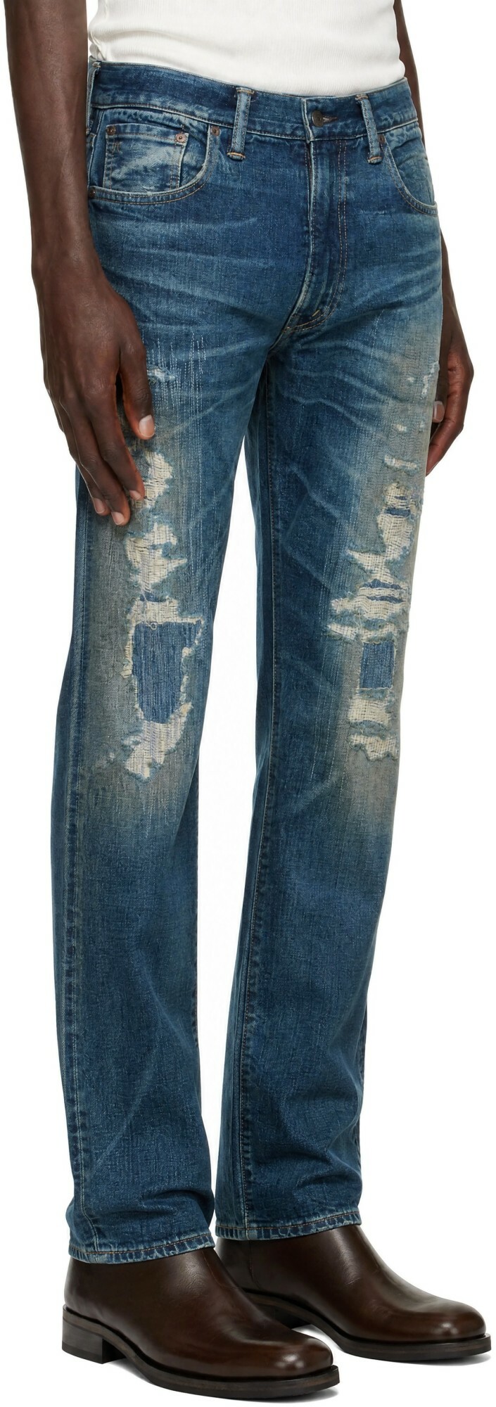 RRL Blue High Slim Distressed Jeans