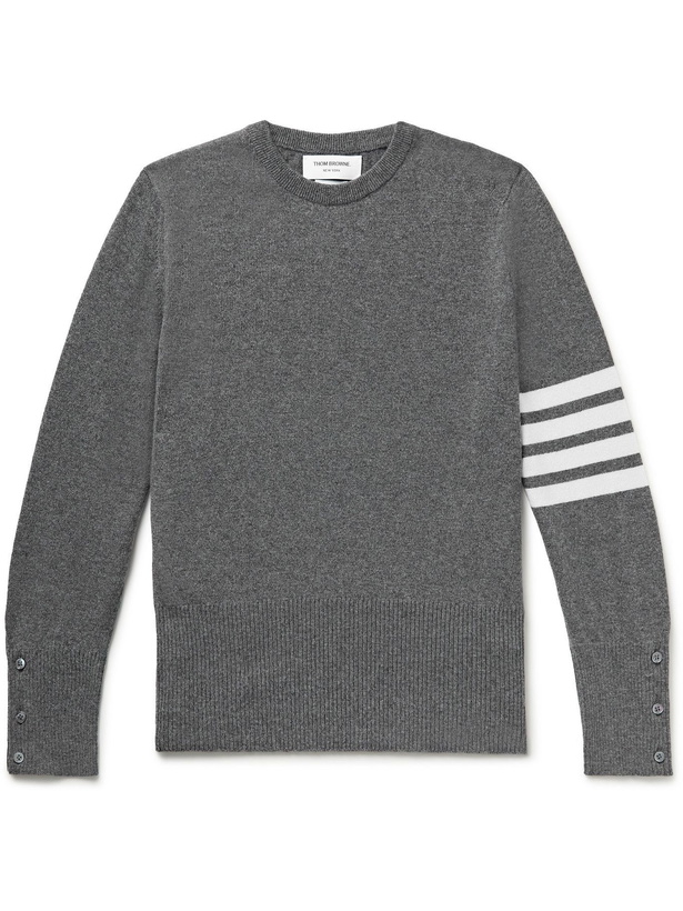 Photo: THOM BROWNE - Slim-Fit Striped Grosgrain-Trimmed Cashmere Sweater - Gray