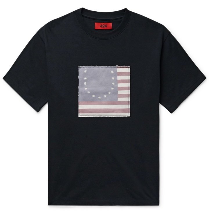 Photo: 424 - Appliquéd Cotton-Jersey T-Shirt - Black