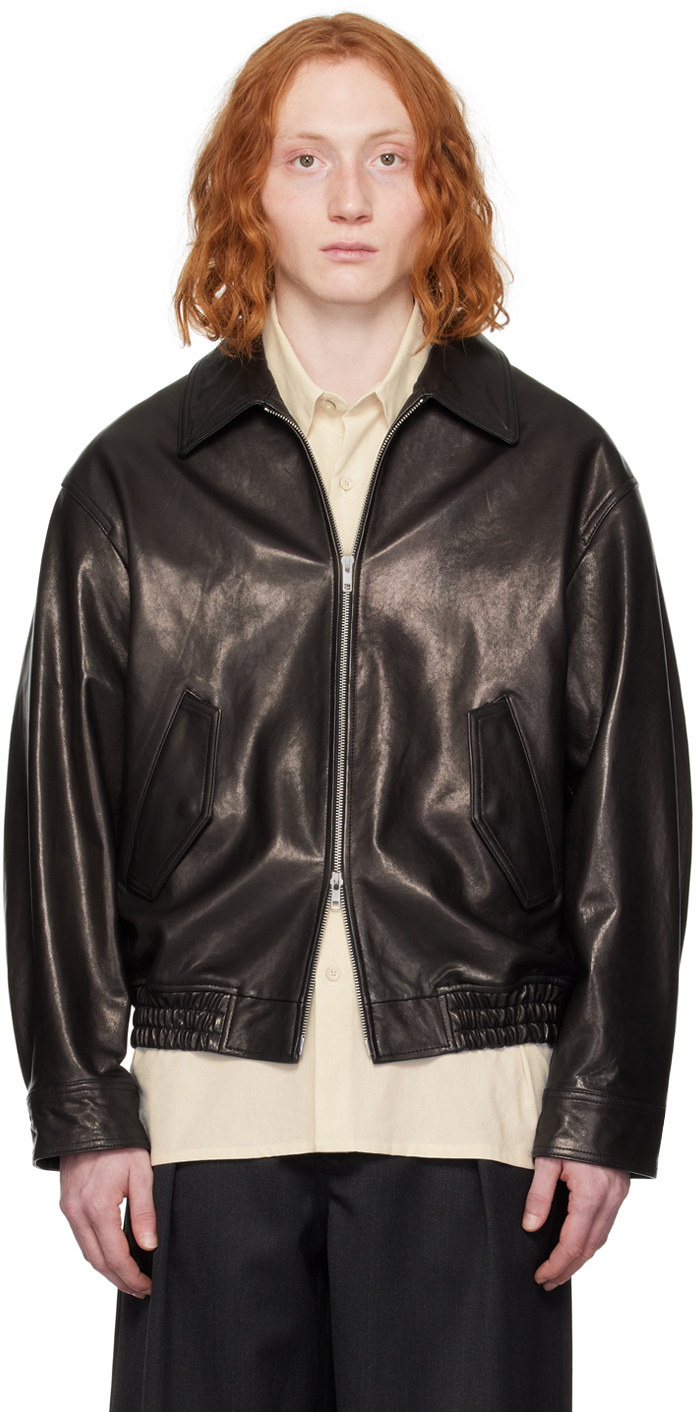 Wide collar shop leather jacket